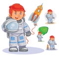 Vector icon of small child astronaut in a space suit and helmet in hand.