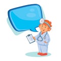 Vector icon of small child doctor in a medical suit with a stethoscope.