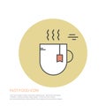 Vector icon style illustration of fast food, a cup of tea on colored round background.