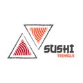 Vector Icon Style Illustration Logo of Asian Street Fast Food Bar or Shop, Sushi, Maki, Onigiri Salmon Roll with Chopsticks Royalty Free Stock Photo
