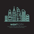 Vector Icon Style Illustration of Smart Modern City, New Eco District, Skyscraper Town Concept, Night Neon Light