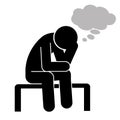 Vector icon of thinker man sitting on a small tool with thought bubble symbol