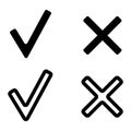 Vector icon tick and cross. Icon of the outline of the tick and the cross. Icon ticks and crosses isolated on a white