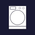 Vector icon of washing machine. Vector white icon on dark blue b