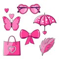 Vector icons with bag, umbrella, sunglasses, feather and butterfly bow by Valentine day. Flat design Royalty Free Stock Photo