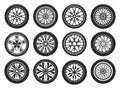 Vector icons of car tires, light alloy wheel rims Royalty Free Stock Photo