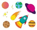 Vector icons of cartoon rocket ship and planets Royalty Free Stock Photo