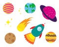 Vector icons of cartoon rocket ship and planets Royalty Free Stock Photo