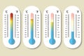 Vector icons of Celsius and Fahrenheit meteorology thermometers measuring heat, normal and cold in flat style. Design Royalty Free Stock Photo