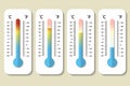 Vector icons of Celsius and Fahrenheit meteorology thermometers measuring heat, normal and cold in flat style. Design Royalty Free Stock Photo