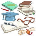 Vector icons colored for students, student cap, scroll with seal Royalty Free Stock Photo