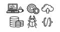 Software development icons with laptop coding cup gears cloud upload database bug and code brackets vector set Royalty Free Stock Photo