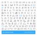 Vector icons on furniture, kitchen, cleaning, household appliances and equipment. 128 linear household icons.