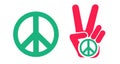 Vector icons of hand and peace symbols. Hand and two fingers are like peace symbol. Peace. No war