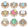 Vector icons with hands holding symbols of technology, science, and education in a clean, modern style Royalty Free Stock Photo