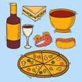 Vector icons hot fast food hand drawn restaurant breakfast pizza design kitchen unhealthy meal