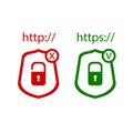 Vector Icons: http and https Protocols with Lock, Check and Cross: Red and Green Colors. Royalty Free Stock Photo