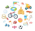 Vector icons set of children`s toys, musical instruments and sports equipment Royalty Free Stock Photo