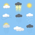Vector icons set with clouds, sun, rain, snow and lightning. Royalty Free Stock Photo
