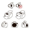 Vector icons set collection. Printer, mfp, megaphone. Vector black symbols isolated on white background