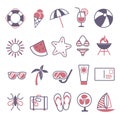 Vector icon set for creating infographics related to summer, travel and vacation, like cocktail drink, water melon, sun, bikini a