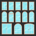 Vector icons set of different types of windows black and white. Architecture frame silhouette . Building element Royalty Free Stock Photo