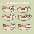 Vector icons set of emotional hot dogs.Cute fast food