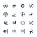 Icons set of external influence and protection from it. Antibacterial, water, heat, cold, dust, impact etc Royalty Free Stock Photo