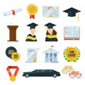 Vector icons set of graduation student party. Gown and cap, diplomas. Illustration in flat style