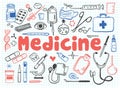 Set of medicine and healthcare objects in doodle style Royalty Free Stock Photo