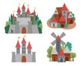 Vector icons set with Medieval castles and villages. Magic kingdom collection. Big medieval stone palace with towers, flags, gates Royalty Free Stock Photo