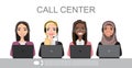 Vector icons set multiracial female call center avatars in a cartoon style with a headset, conceptual of communication