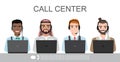 Vector icons set multiracial male call center avatars in a cartoon style with a headset, conceptual of communication