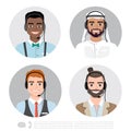 Vector icons set multiracial male call center avatars in a cartoon style with a headset, conceptual of communication