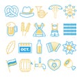 Vector icons set related to German Oktoberfest, like dirndl, beer mug, pretzel or Bratwurst sausage