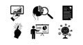 Vector icons showing hand holding tablet with graph, magnifying pie chart analysis, document with chart, clicking finger, person Royalty Free Stock Photo