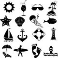 Vector icons silhouettes on a marine theme in black