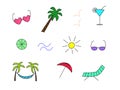 Vector icons are a symbol of summer. Sun palm glasses hammock chaise longue seagulls cocktail lemon umbrella. Royalty Free Stock Photo