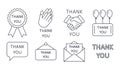 Vector icons Thank you. Editable stroke. Applause handshake letter icon. Balloons gift lettering. Line style on white background