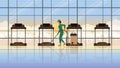 Vector idea of a woman cleaning maid working at treadmill fitness center