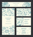 Vector identity banner, brochure, business card templates set with doodle sketched fruits and vegetables