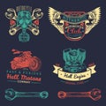 Vector iker club logos set. Motorcycle repair signs. Retro hand sketched garage labels. Custom chopper store emblems.