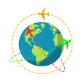 Vector illstration of colored planes flying around Earth. Flat design. Isolated.