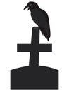 Vector illustration Raven is sitting on cross tombstone on a white background. Halloween