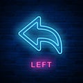 Vector illuminated neon light icon sign arrow turn left