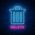 Vector illuminated neon light icon sign delete trash can