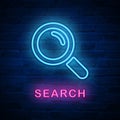 Vector illuminated neon light icon sign search magnifier