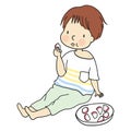 Vector illusion of little kid sitting on floor and eating food, fish ball in japanese style