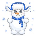 Cute cartoon snowman in blue winter hat with with ear flaps. Royalty Free Stock Photo