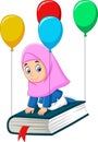 Cartoon Muslim schoolgirl  flying on a book Royalty Free Stock Photo